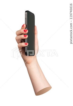 Berlin Germany October 21 2024 woman holding an iPhone with a red manicure, isolated on a white Berlin Germany October 21 2024 woman holding an iPhone with a red manicure, isolated on a white 119740816