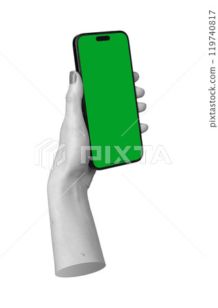 Berlin Germany October 21 2024 Woman holding an iPhone with a blank screen, isolated on a white Berlin Germany October 21 2024 Woman holding an iPhone with a blank screen, isolated on a white 119740817