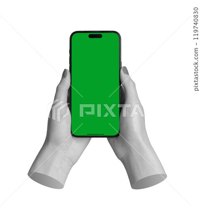 Berlin Germany October 21 2024 Green iPhone Pro held by a female hand, isolated on a white 119740830