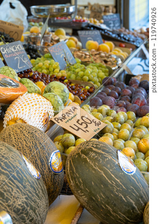 different fruits on the market counter 119740926