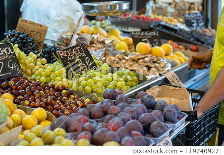 different fruits on the market counter 119740927