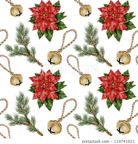 Christmas bell, poinsettia and spruce branch Watercolor seamless pattern on white. Hand drawn illustration for New Year and winter holidays designs in realistic style.  119741021