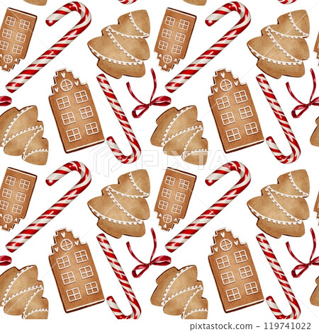 Christmas sugar cane, red bow and gingerbread cookie Watercolor seamless pattern on white. Hand drawn illustration for New Year and winter holidays designs. 119741022