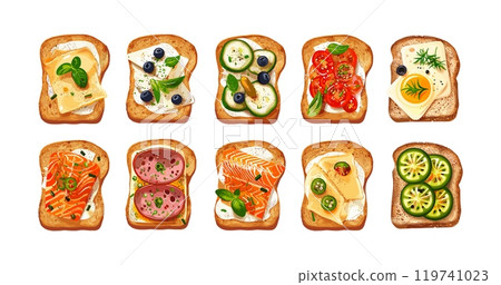 Top view crunchy toasts cartoon vector set. Sausage tomato cheese salmon olive quick meal sandwich burger, healthy fresh toppings bread breakfast dinner food, isolated illustrations on white 119741023