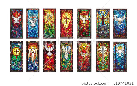 Stained glass windows cartoon vector set. Jesus cross white dove holy spirit sacred god religion traditional glazings, chapel interior church christian elements isolated illustrations 119741031