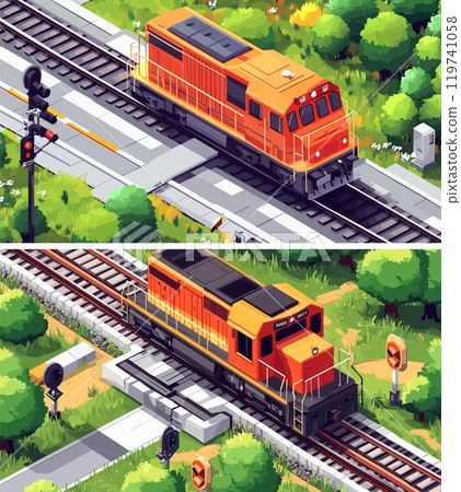 Rail track heavy locomotive waiting signal isometric vector scenes. Diesel train wait switching line road semaphore, railway control routes lines communication, illustrations concepts 119741058