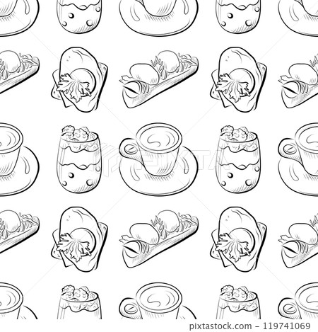 vector seamless pattern line art elements - food, cuisine breakfast 119741069