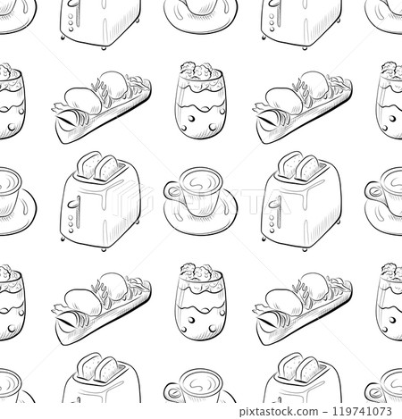 vector seamless pattern line art elements - food, cuisine breakfast vector seamless pattern line art elements - food, cuisine breakfast 119741073