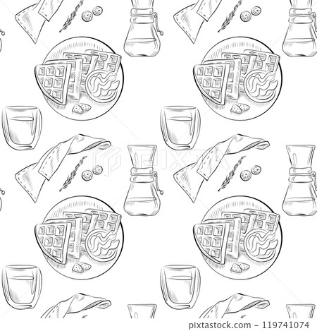 vector seamless pattern line art elements - food, cuisine breakfast vector seamless pattern line art elements - food, cuisine breakfast 119741074