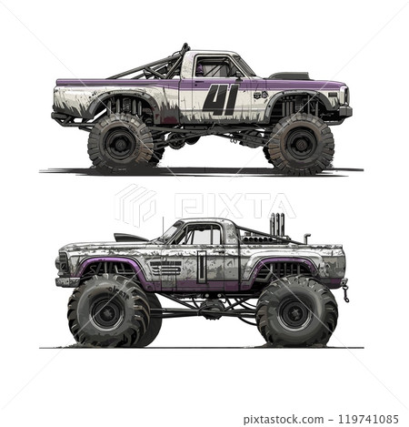 Monster truck pickup color ink sketch vector concepts. Mud tyres off road lifted power turbo muscle car vehicle, 4x4 stunt tricks race competition automobile, isolated illustrations on white 119741085
