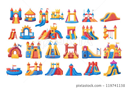 Inflatable fortress cartoon vector set. Slides trampolines pneumatic children castles, fun kid activity playgrounds stuff recreation attractions, illustrations isolated on white background 119741138