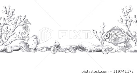 Seamless border with underwater inhabitants. Isolated pencil graphic illustration for design of printed products of seafood restaurants, menus, textiles, packaging Seamless border with underwater inhabitants. Isolated pencil graphic illustration for design of printed products of seafood restaurants, menus, textiles, packaging 119741172