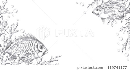 Rectangular frame with corner elements of corals with fish and air bubbles. Isolated pencil graphic illustration for seafood restaurant print design, menu 119741177