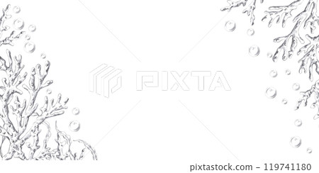 Rectangular frame with corner elements made of corals and air bubbles. Isolated pencil graphic illustration for seafood restaurant print design, menu 119741180