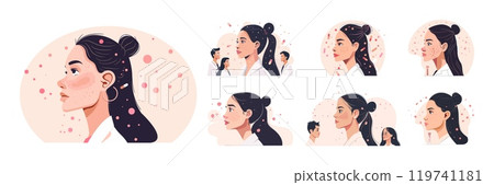 Cartoon facial dermatology vector concepts. Woman face close up skin problems, clinic treatment doctors derma care staff personnel behind, medicine cosmetology cleansing procedures scenes 119741181