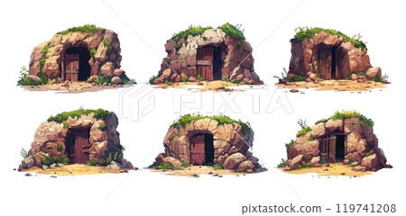 Abandoned old mine entrance cartoon vector set. Wooden gate timber door boulder stone rock pile digging cavern, cave under cliff excavation ancient tunnel, isolated illustrations on white backdrop Abandoned old mine entrance cartoon vector set. Wooden gate timber door boulder stone rock pile digging cavern, cave under cliff excavation ancient tunnel, isolated illustrations on white backdrop 119741208