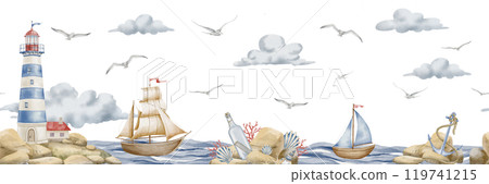 Seamless watercolor wallpaper with lighthouse and sailboats. Illustration with beacon and ships for nursery wall art. Landscape with light house, sailing boats and clouds for childish design. Seamless watercolor wallpaper with lighthouse and sailboats. Illustration with beacon and ships for nursery wall art. Landscape with light house, sailing boats and clouds for childish design. 119741215
