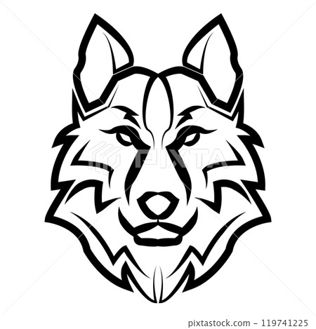 black and white front view of wolf head 119741225
