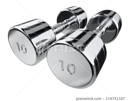 Two blank Round Dumbbells with number 10, chrome weightlifting gym equipment Two blank Round Dumbbells with number 10, chrome weightlifting gym equipment 119741387