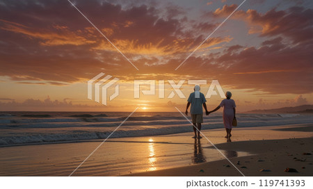 elderly couple walking at the beach elderly couple walking at the beach 119741393