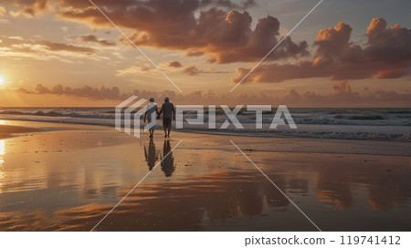elderly couple walking at the beach 119741412