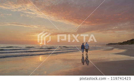 elderly couple walking at the beach 119741423