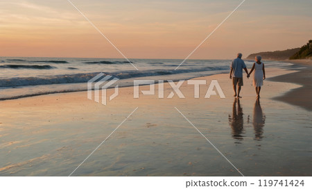 elderly couple walking at the beach 119741424