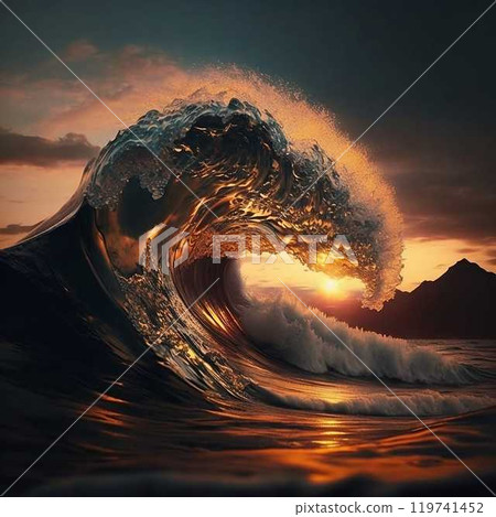 Ocean Wave. Sea water in crest shape. Sunset light and beautiful clouds on background, Digital art 119741452