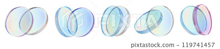 3D glass lens icon set, abstract futuristic crystal round shape render, geometric glossy screen kit. 119741457