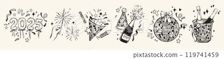 New Year holiday party icon set, vector hand drawn celebration night disco doodle paper popper. New Year holiday party icon set, vector hand drawn celebration night disco doodle paper popper. 119741459