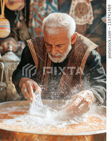Traditional Easter Blessing Ritual. An elderly man performing a traditional cooking ritual 119741469