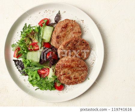 fried cutlets, minced beef, with vegetable salad, top view, no people, fried cutlets, minced beef, with vegetable salad, top view, no people, 119741616