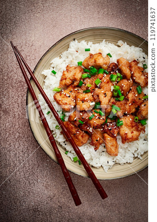 fried chicken teriyaki with rice, green onion and sesame, homemade, no people, fried chicken teriyaki with rice, green onion and sesame, homemade, no people, 119741637