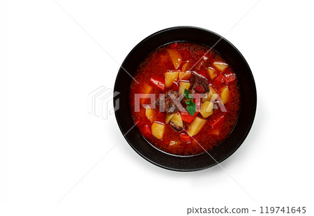 meat goulash, with potatoes and carrots, sweet pepper, traditional Hungarian soup, homemade, no people, on a white background, isolate, meat goulash, with potatoes and carrots, sweet pepper, traditional Hungarian soup, homemade, no people, on a white background, isolate, 119741645