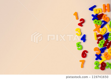 Plastic, magnetic numbers, multicolor. for the board, top view, no people, Plastic, magnetic numbers, multicolor. for the board, top view, no people, 119741650