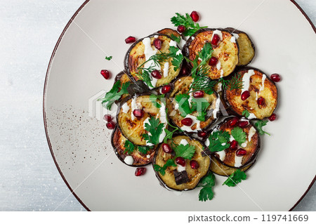 Fried eggplant, with white sauce, pomegranate seeds, top view, no people, Fried eggplant, with white sauce, pomegranate seeds, top view, no people, 119741669