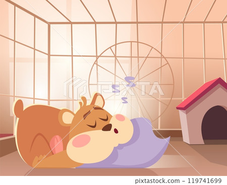 hamster. funny fat domestic animal hamster sleeping in cage 119741699