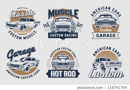 Custom cars. Emblems with muscle cars customizing service mechanic workers recent vector stylized logos set 119741704