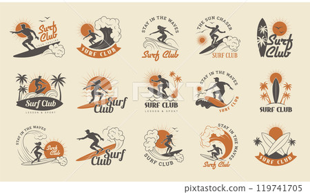 Surf club. Logo bundles collection with place for text retro labels set recent vector surfers emblems Surf club. Logo bundles collection with place for text retro labels set recent vector surfers emblems 119741705