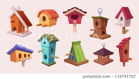 Bird house. Birds nest wooden houses different design of flying birds exact vector illustrations 119741707