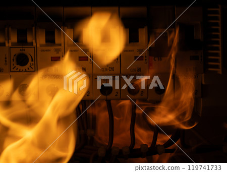 Flames on Electrical Circuit Breakers Flames on Electrical Circuit Breakers 119741733