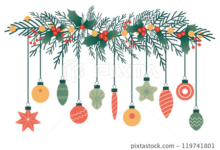 Christmas hand drawn horizontal garland with branches and christmas decoration with lights for holiday greetings, Christmas cards, festive wallpaper, and seasonal designs. Vector illustration 119741801