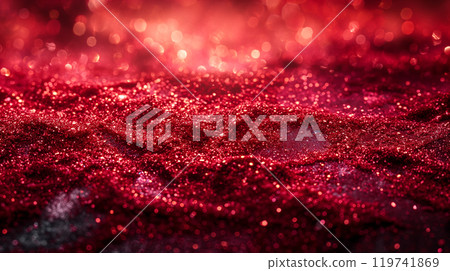 Dark red shimmering glitter background with textured surface glow under soft lighting. Generative AI 119741869