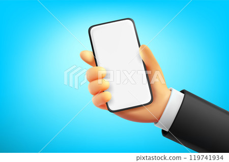 Businessman holding modern smartphone with blank screen. Comic style 3d vector illustration Businessman holding modern smartphone with blank screen. Comic style 3d vector illustration 119741934