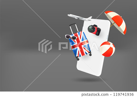 Booking adventure via modern smartphone. 3d vector banner with copy space Booking adventure via modern smartphone. 3d vector banner with copy space 119741936