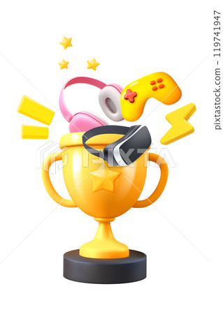 Golden cup with video game entertainment icons. 3d vector illustration isolated on white background 119741947