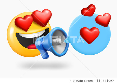 Emoji fall in love with Loudspeaker and speech cloud. 3d vector illustration 119741962