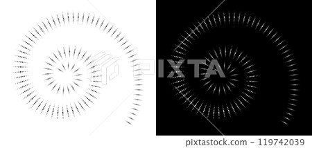 Modern abstract background. Halftone dots in circle form. Spiral logo, icon or design element. Black dots on a white background and white dots on the black side. 119742039