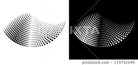 Halftone circle part, abstract dots logo emblem design element for any project. A black figure on a white background and an equally white figure on the black side. 119742040