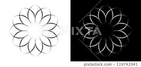 Modern abstract background. Halftone dots like flower. Can be used as logo, icon or design element. Black dots on a white background and white dots on the black side. 119742041